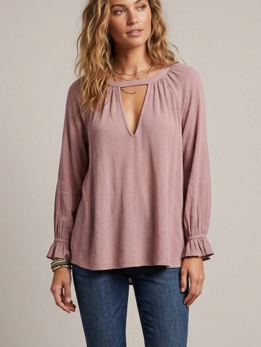 American Eagle Outfitters Dusty Rose Keyhole Peasant Blouse Med